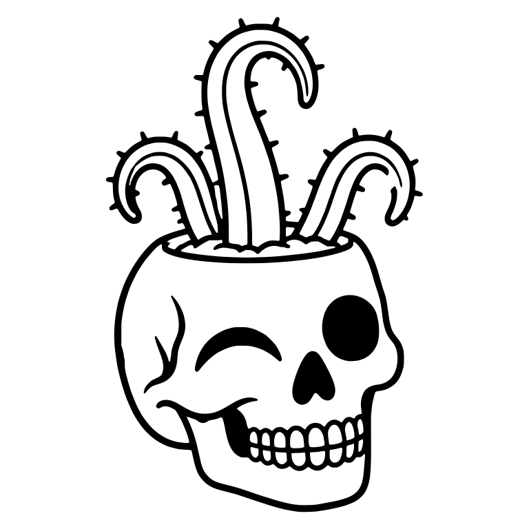 Winking Cracked Skull Planter With Fishhook Cacti — free skeleton SVG cut file