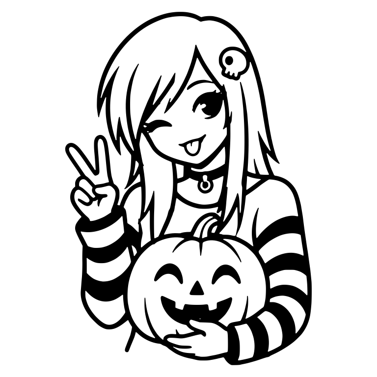 Emo Girl Winking With Peace Sign and Jack-o-Lantern — free characters SVG cut file