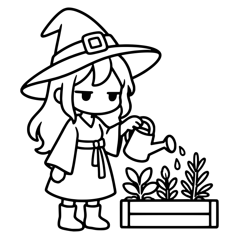 Bored Witch Watering Herb Planter With Watering Can — free characters SVG cut file