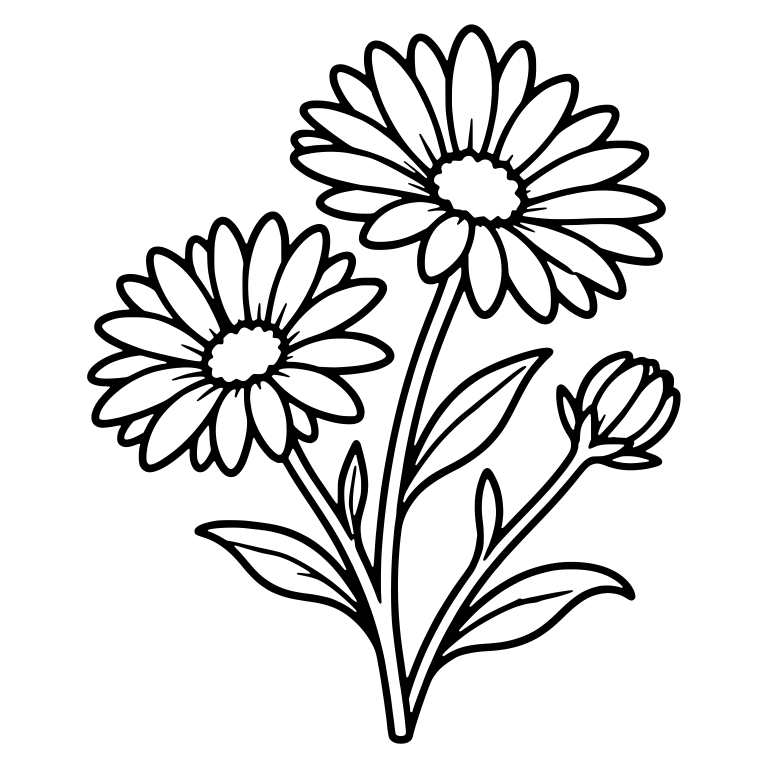 Two Aster Blooms With Bud and Leaves — free floral SVG cut file
