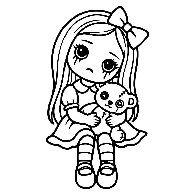 Sad Doll Holding a Stitched Teddy Bear — free characters SVG cut file