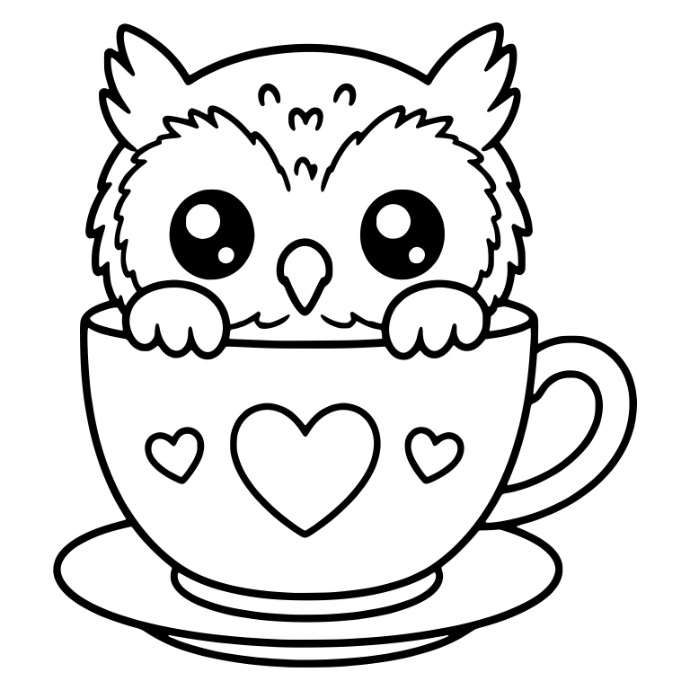 Fluffy Owl Peeking Out of Heart Teacup on Saucer — free animal SVG cut file