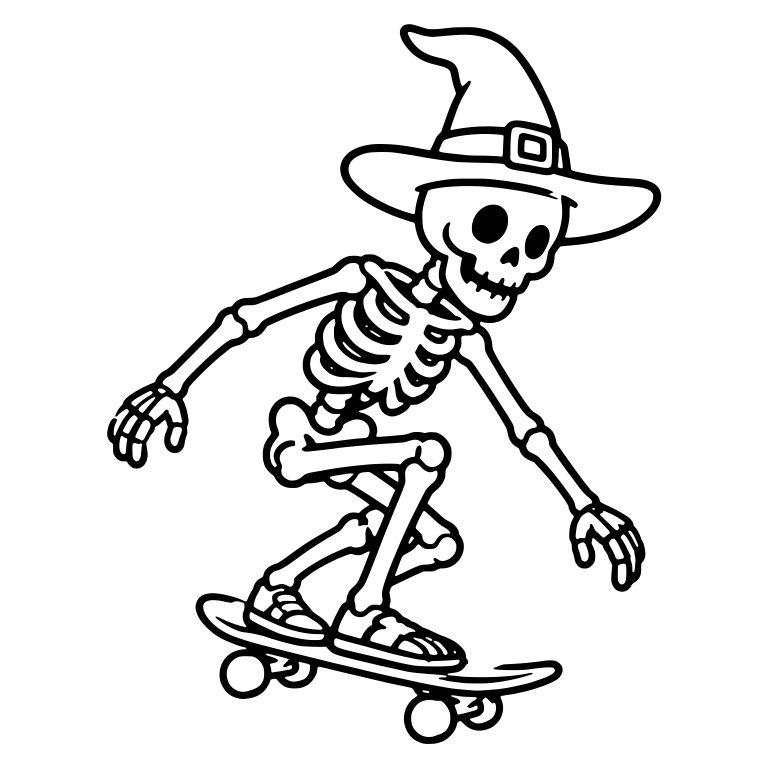 Crouching Skeleton Skateboarder in Witch Hat — free skeleton SVG cut file
