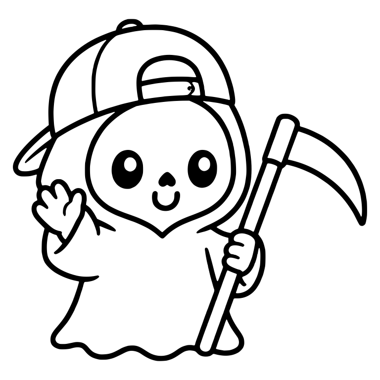 Kawaii Grim Reaper In Backwards Cap Waving With Scythe — free characters SVG cut file