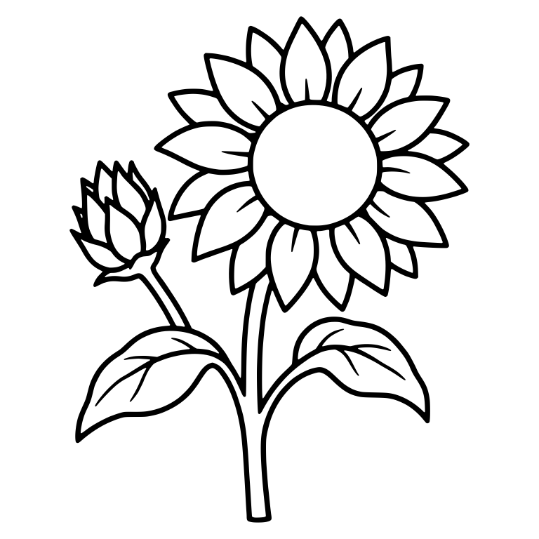 Sunflower With Closed Bud and Two Leaves — free floral SVG cut file