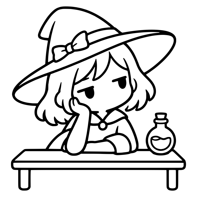 Bored Witch at Desk with Hat Bow and Potion Bottle — free characters SVG cut file