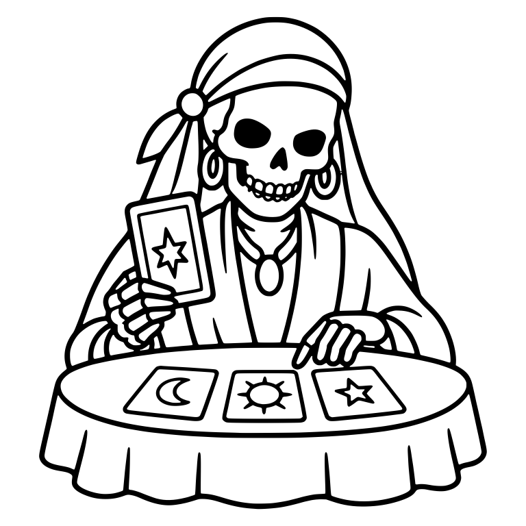 Skeleton Fortune Teller Holding Tarot Card at Table — free skeleton SVG cut file
