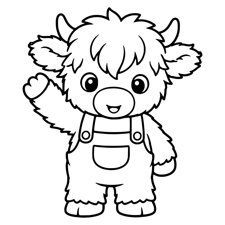 Waving Highland Calf in Overalls Standing Tall — free animal SVG cut file