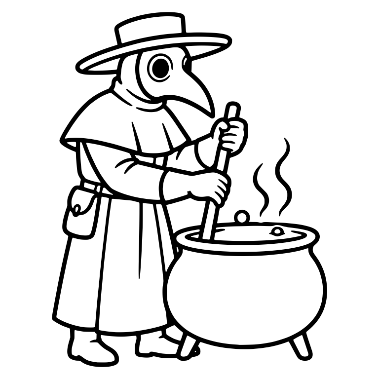 Plague Doctor Stirring A Steaming Cauldron — free characters SVG cut file