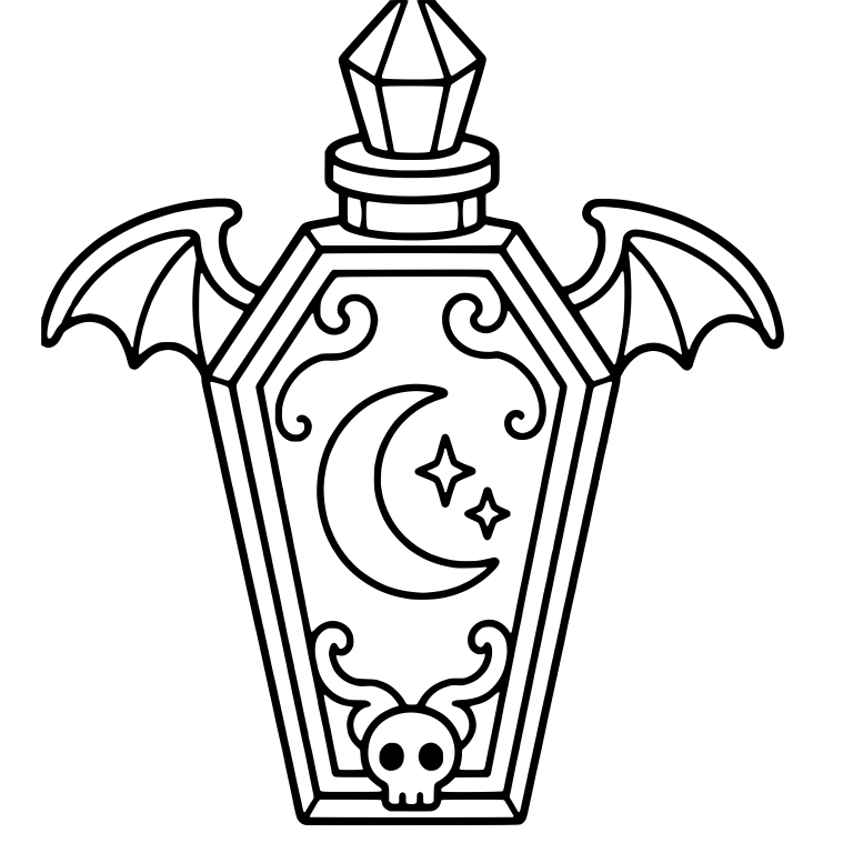 Winged Coffin Bottle with Moon, Stars and Tiny Skull — free objects SVG cut file
