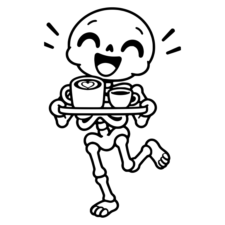 Laughing Skeleton Serving Latte and Espresso on a Tray — free skeleton SVG cut file
