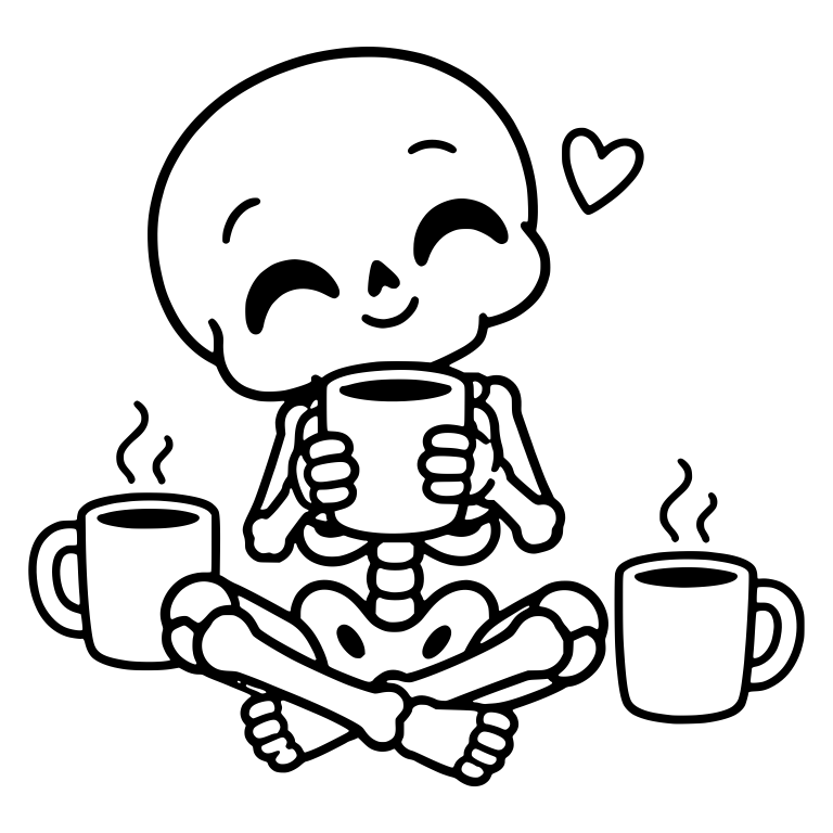 Kawaii Skeleton Hugging Coffee Mug Among Three Mugs — free skeleton SVG cut file