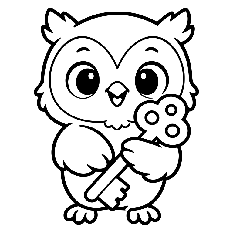 Smiling Owl Chick Clutching Old-Fashioned Key — free animal SVG cut file