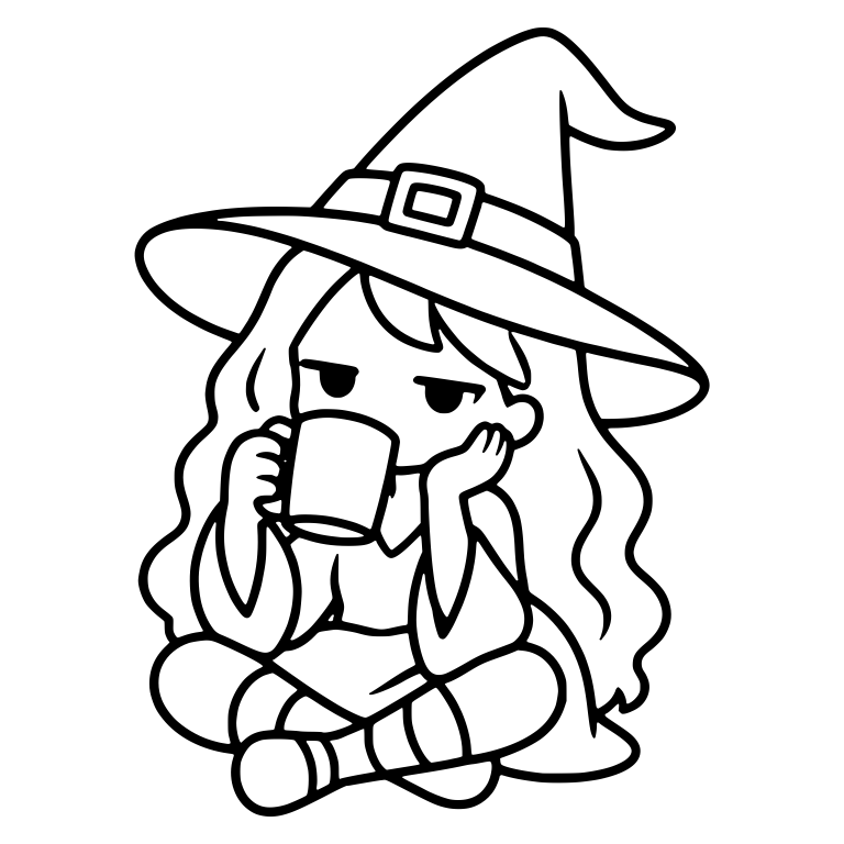 Bored Witch Sipping Coffee Sitting Cross-Legged — free characters SVG cut file