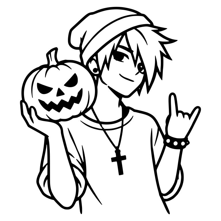 Emo Boy Holding Pumpkin With Rock Hand Sign — free characters SVG cut file
