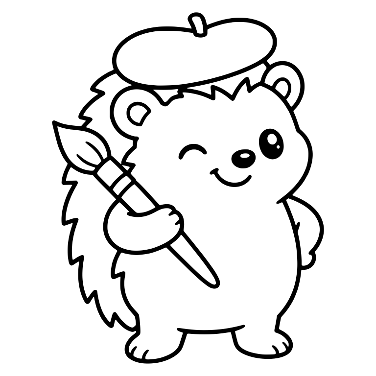 Winking Hedgehog in Beret Holding a Paintbrush — free animal SVG cut file