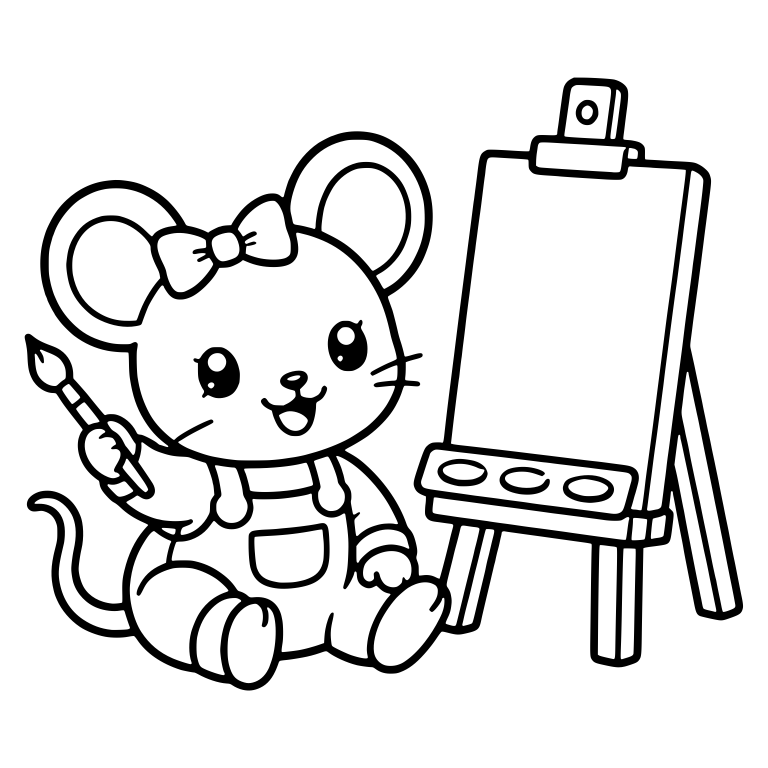 Kawaii Mouse with a Bow and Overalls Beside an Easel — free animal SVG cut file