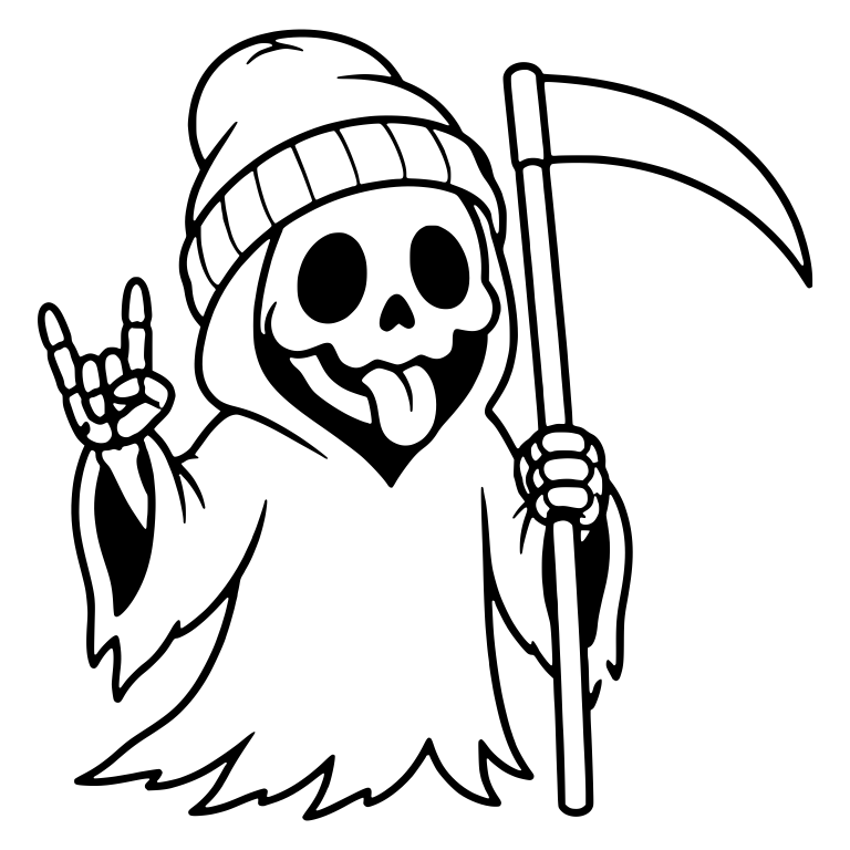 Tongue-Out Beanie Reaper Throwing Rock Sign With Scythe — free characters SVG cut file