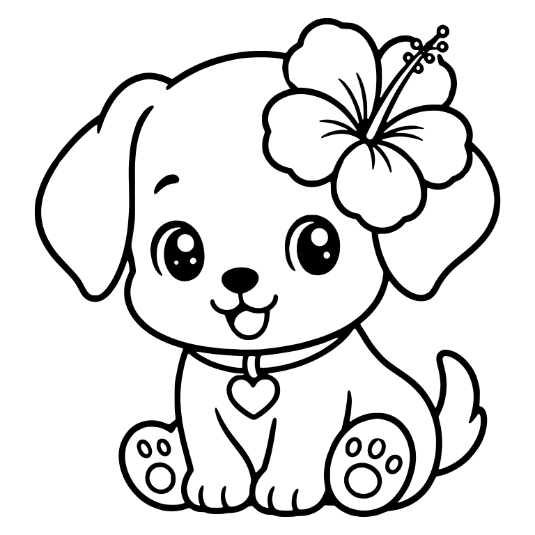 Sitting Puppy with Hibiscus Flower and Heart Collar Tag — free animal SVG cut file