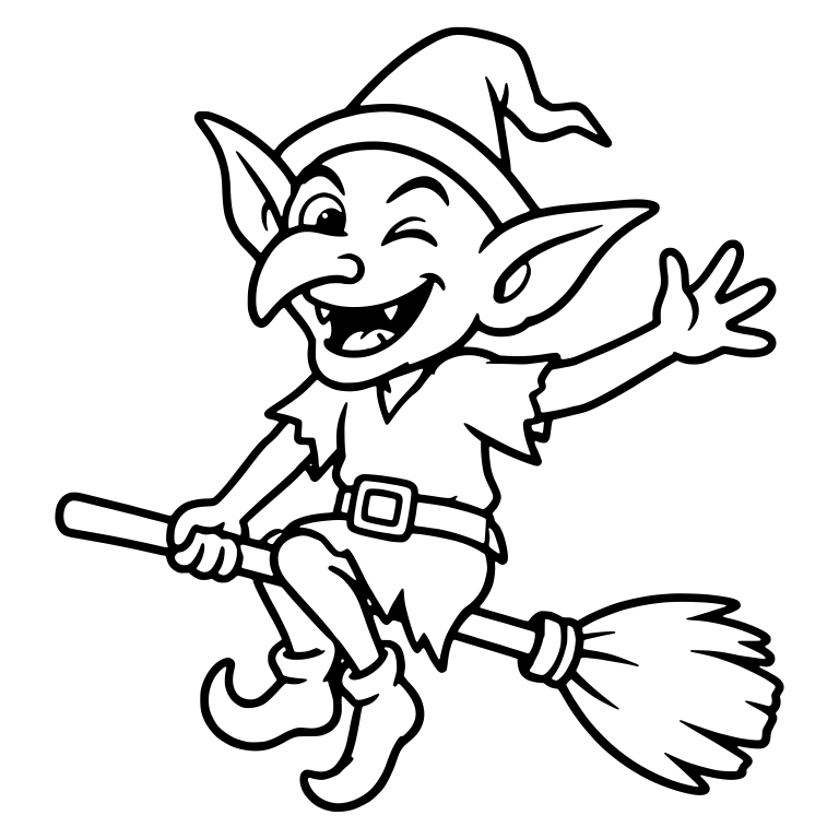 Winking Goblin in Pointed Hat Waving from a Broomstick — free fantasy-creature SVG cut file