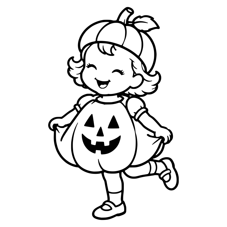 Girl in Pumpkin Costume Holding Out Jack-o-Lantern Skirt — free characters SVG cut file
