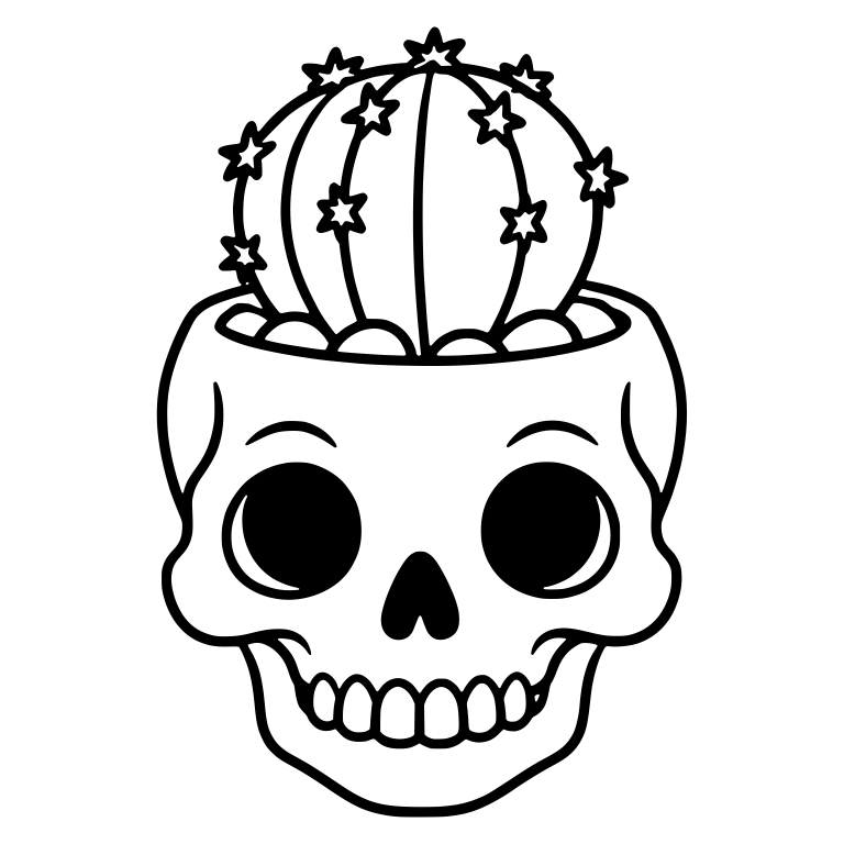 Skull Planter with Star-Dotted Round Cactus — free skeleton SVG cut file