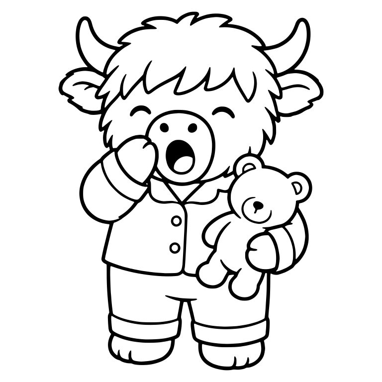 Yawning Highland Cow In Pajamas Holding Teddy Bear — free animal SVG cut file