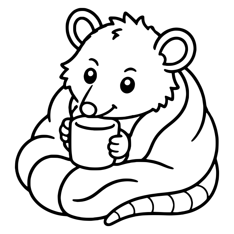 Cozy Kawaii Possum Wrapped in Blanket Holding a Mug — free animal SVG cut file