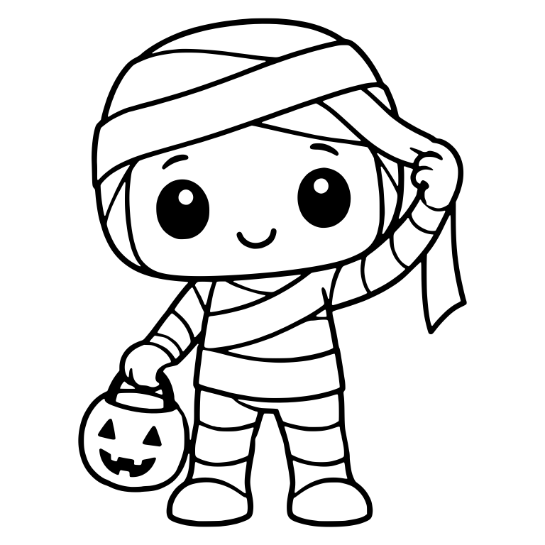 Smiling Mummy Kid Adjusting Head Wrap With Pumpkin Pail — free characters SVG cut file