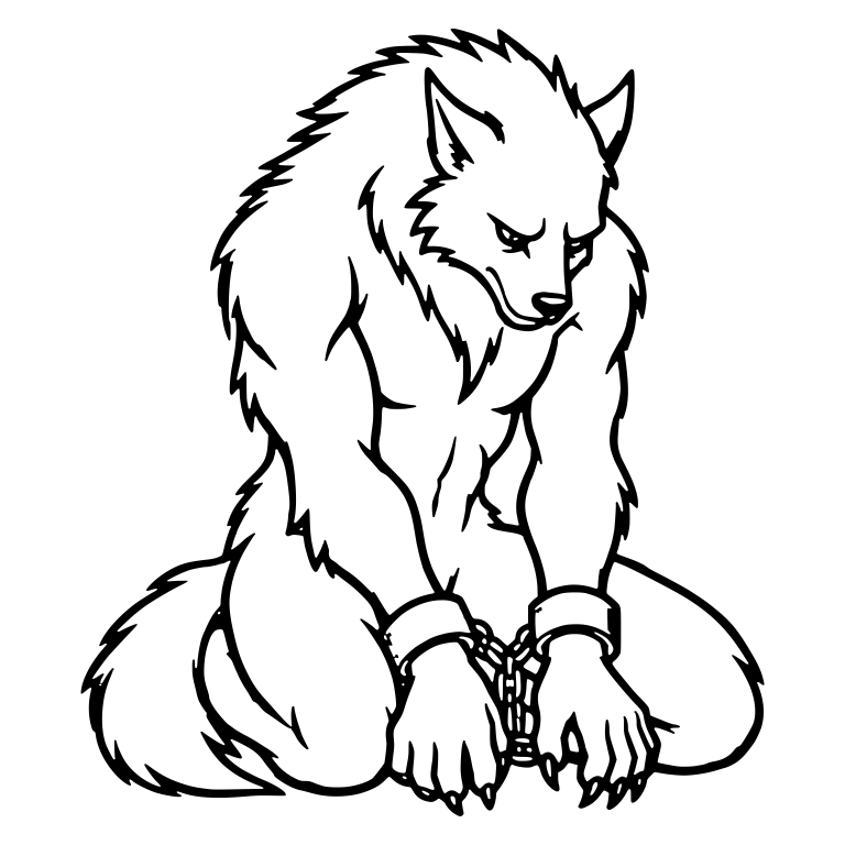 Kneeling Werewolf with Head Bowed and Shackled Wrists — free fantasy-creature SVG cut file