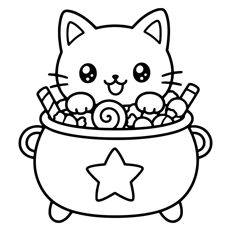 Kawaii Cat in Star Cauldron Overflowing with Candy — free animal SVG cut file