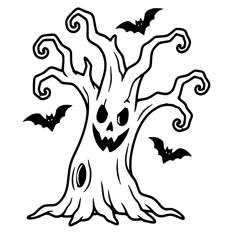 Grinning Spiral Branch Tree with Three Bats — free fantasy-creature SVG cut file