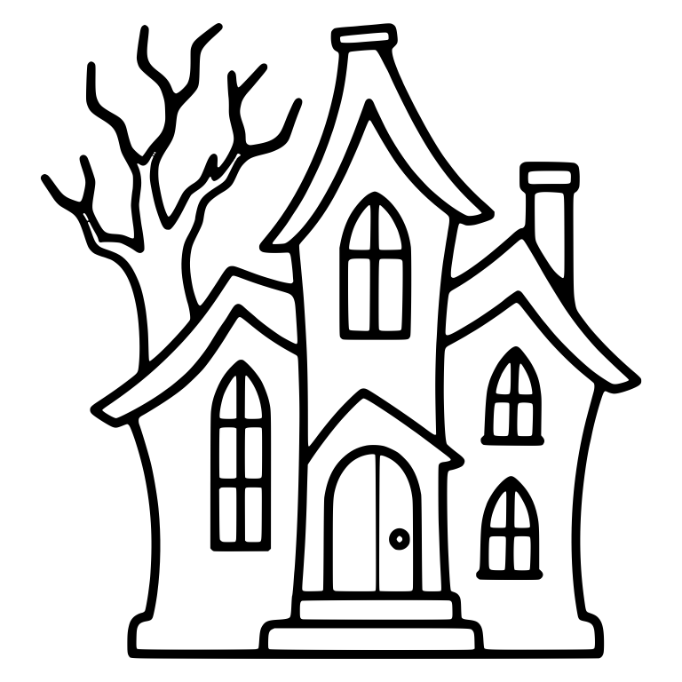 Crooked Haunted House With Bare Tree and Chimney — free objects SVG cut file
