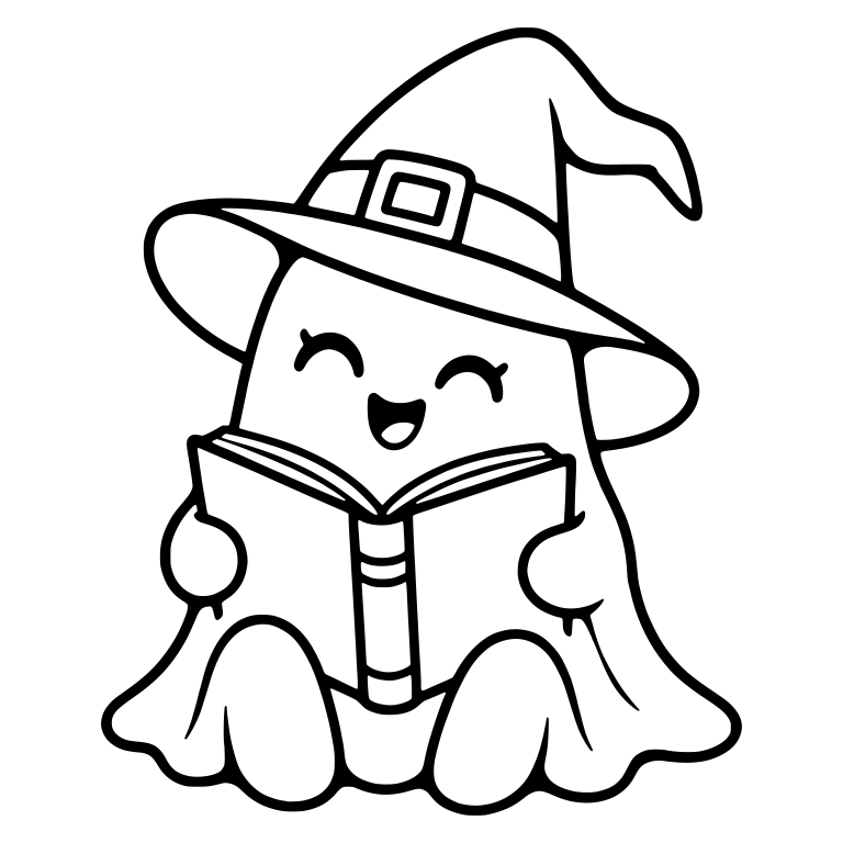 Cute Ghost In Witch Hat Reading Open Book — free fantasy-creature SVG cut file