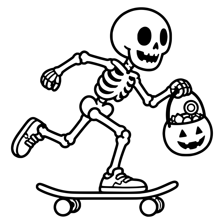Skeleton Pushing Skateboard with Candy Pumpkin Pail — free skeleton SVG cut file