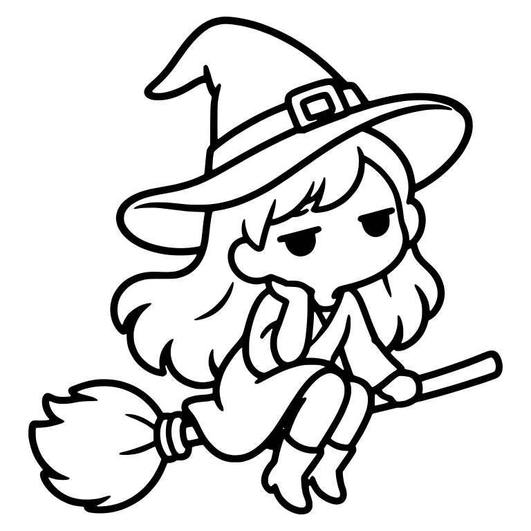Bored Witch Riding Broom with Wavy Hair and Hand on Chin — free characters SVG cut file