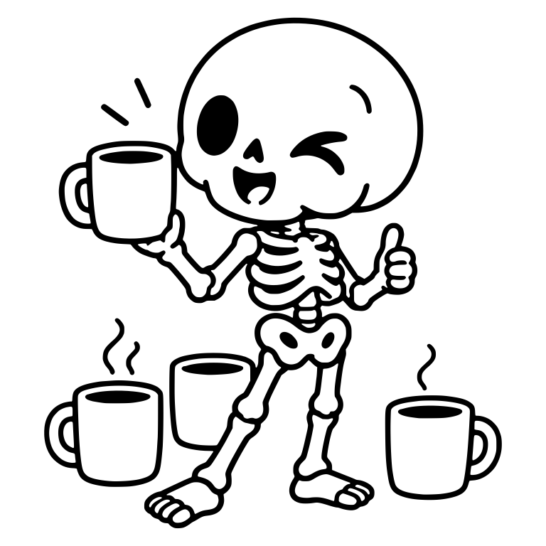 Winking Kawaii Skeleton Thumbs Up with Coffee Mugs — free skeleton SVG cut file