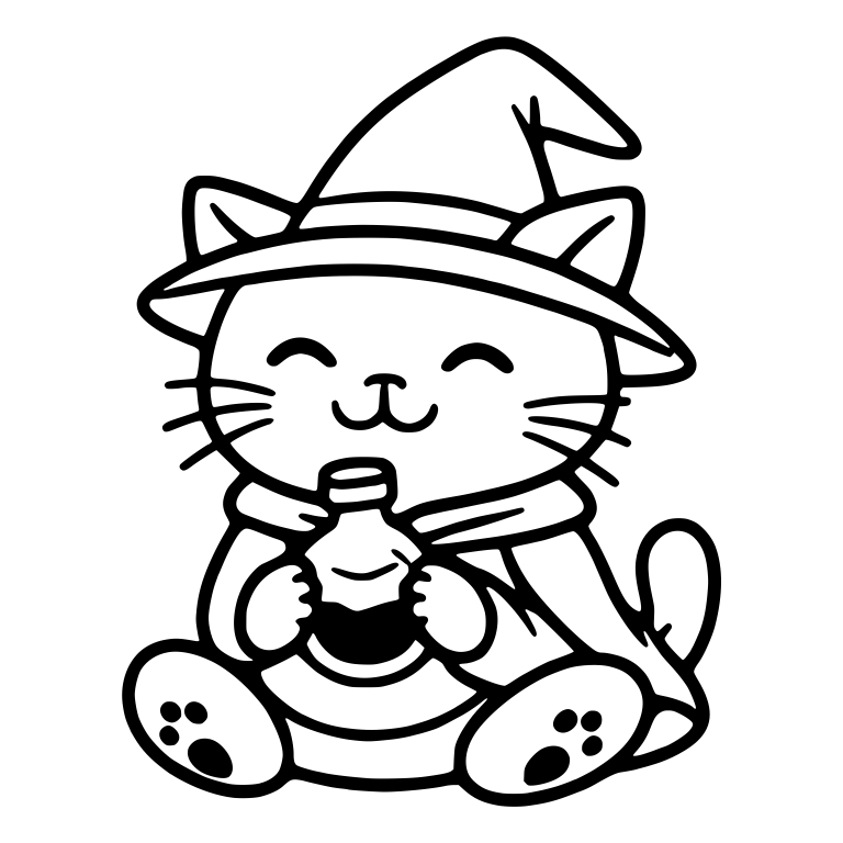Happy Cat Hugging Potion Bottle in Witch Hat — free animal SVG cut file