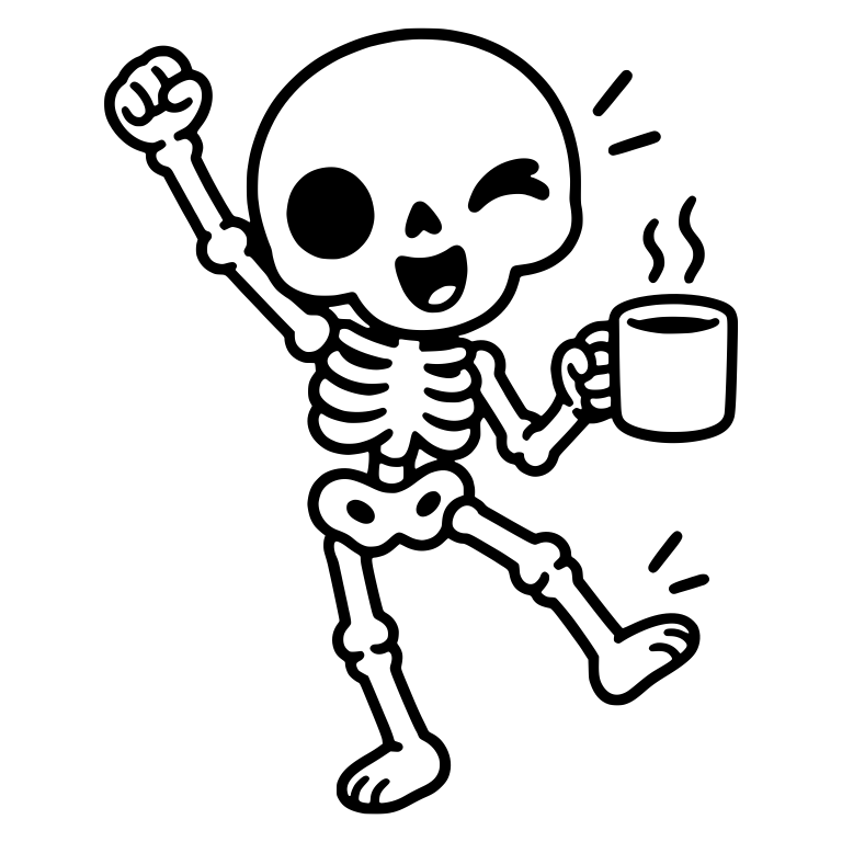 Winking Skeleton Dancing with a Steaming Mug — free skeleton SVG cut file
