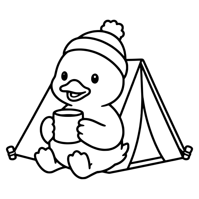 Kawaii Duckling in Beanie Holding Mug by a Tent — free animal SVG cut file