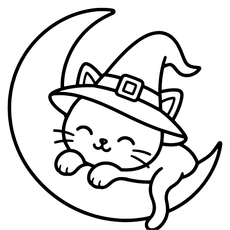 Kawaii Cat in Witch Hat Lounging on a Crescent Moon — free animal SVG cut file