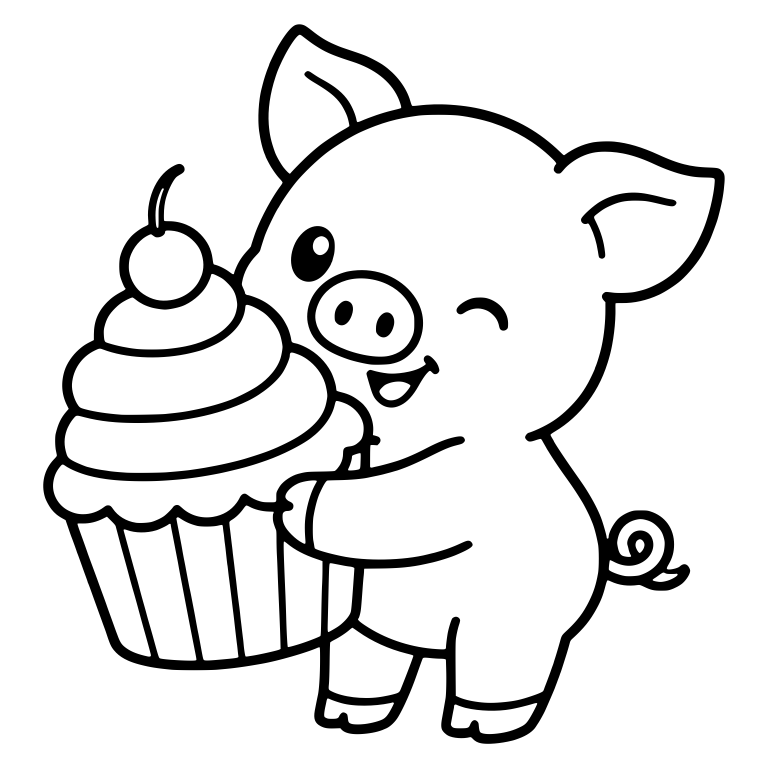Standing Piglet Hugging Big Cherry Cupcake — free animal SVG cut file