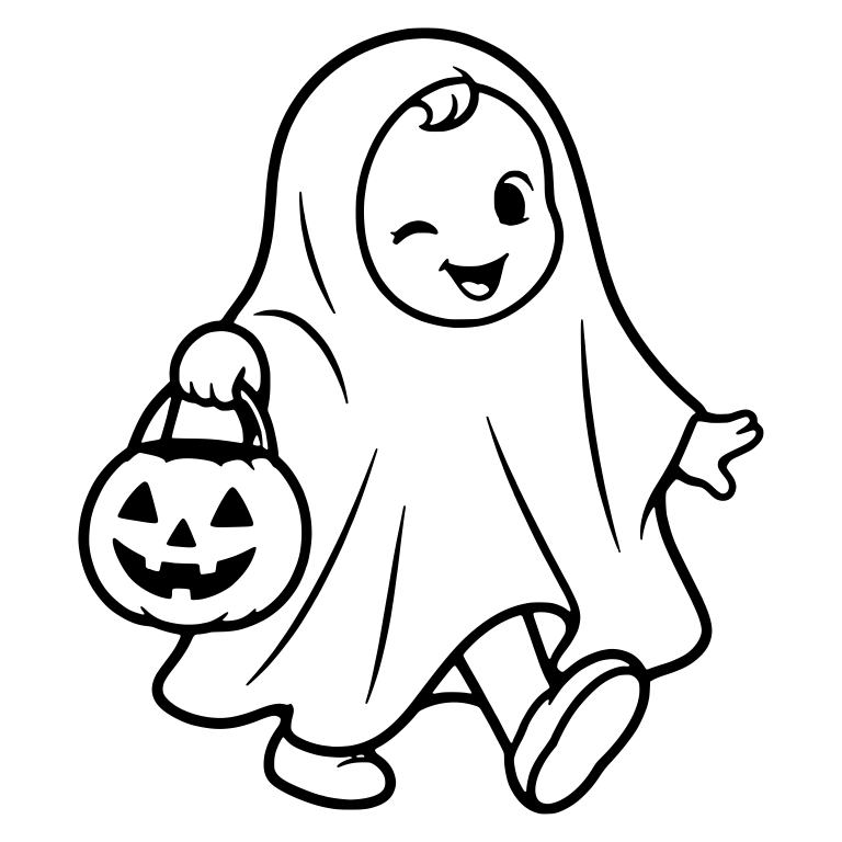 Winking Ghost Costume Kid With Jack-o'-Lantern Bucket — free characters SVG cut file