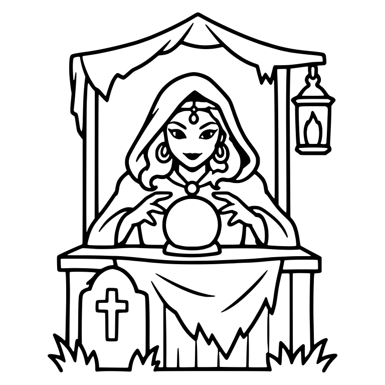 Hooded Fortune Teller Booth With Lantern and Gravestone — free characters SVG cut file