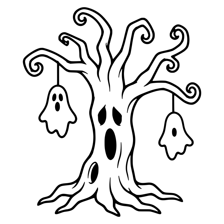 Haunted Tree with Curly Branches and Two Hanging Ghosts — free floral SVG cut file