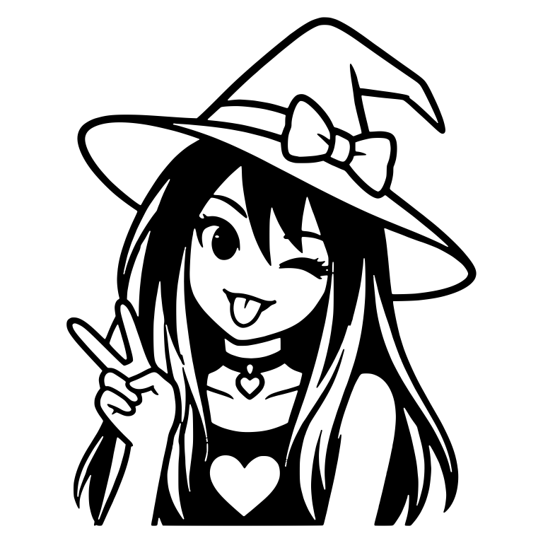 Winking Emo Girl in Bow Witch Hat with Peace Sign — free characters SVG cut file