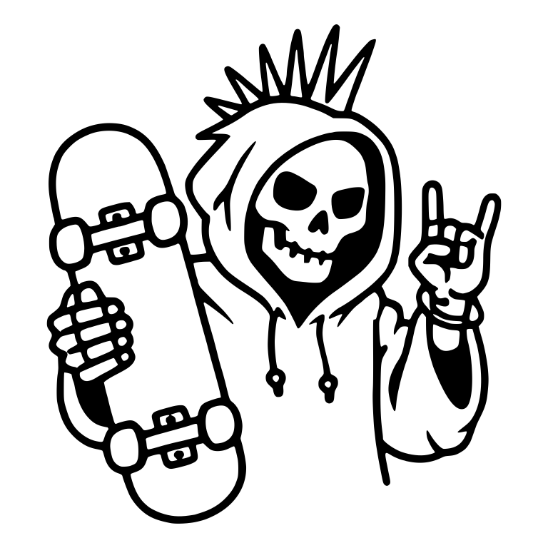 Punk Mohawk Reaper Holding Skateboard with Rock Sign — free characters SVG cut file