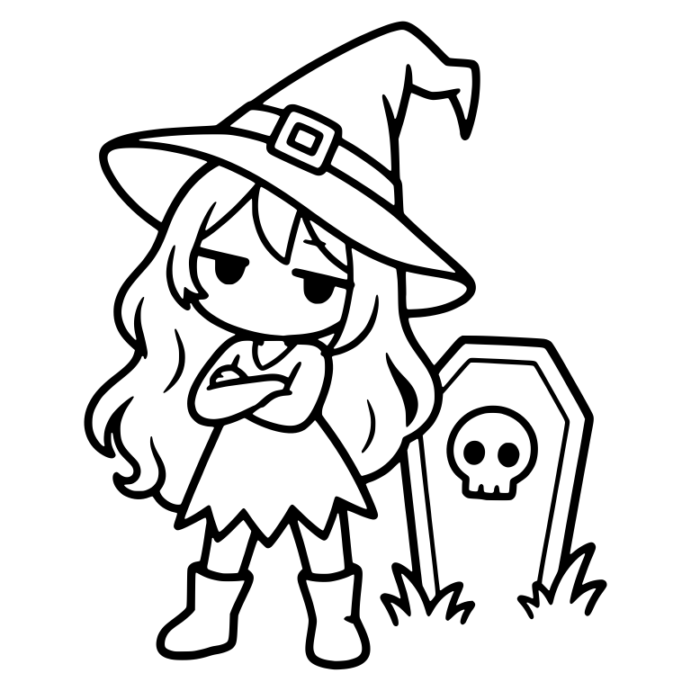 Bored Witch With Crossed Arms Beside Skull Coffin — free characters SVG cut file