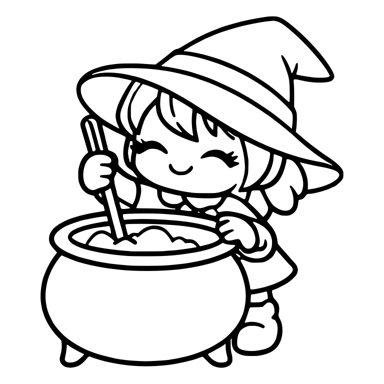 Happy Witch Girl with Closed Eyes Stirring Cauldron — free characters SVG cut file