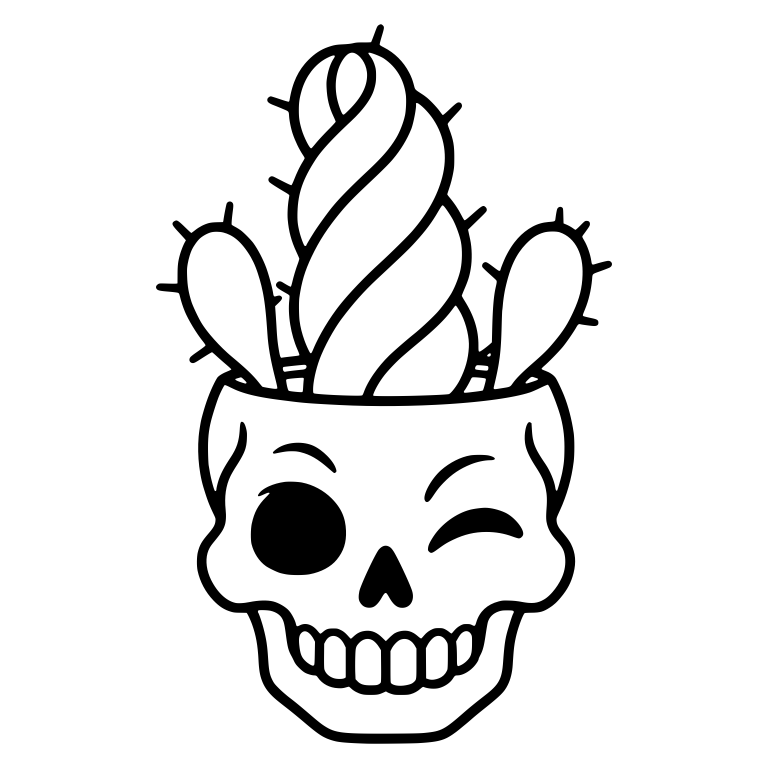 Winking Skull Planter With Spiral And Paddle Cacti — free skeleton SVG cut file